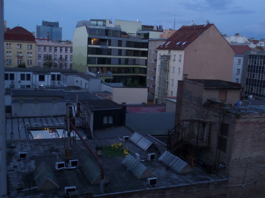 view from above at the back mess of tall european buildings