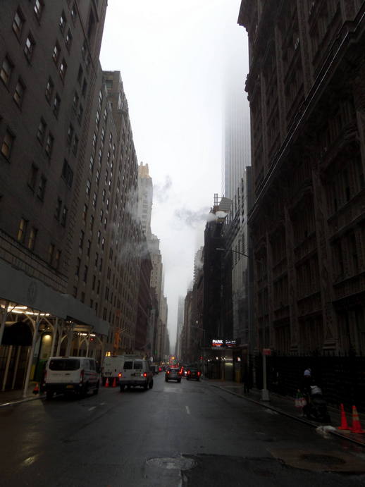 misty street flanked by skyscrapers