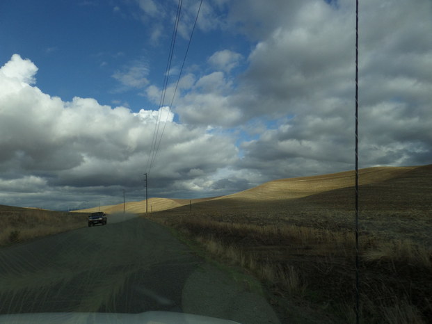 A road between rolling golden hills, view from a truck.