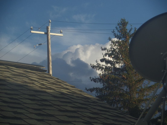 clouds, powerline, rooftop, sattelite dish